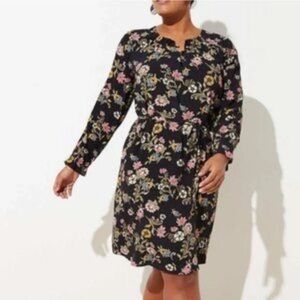 LOFT Plus Navy Floral Long Sleeve Belted Dress 100% Rayon Plus Size 18 2X Modest